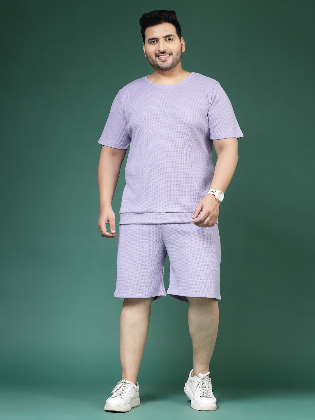 Rigo Waffle Knit Self Design Plus Size Pure Cotton Casual T-Shirt With Shorts