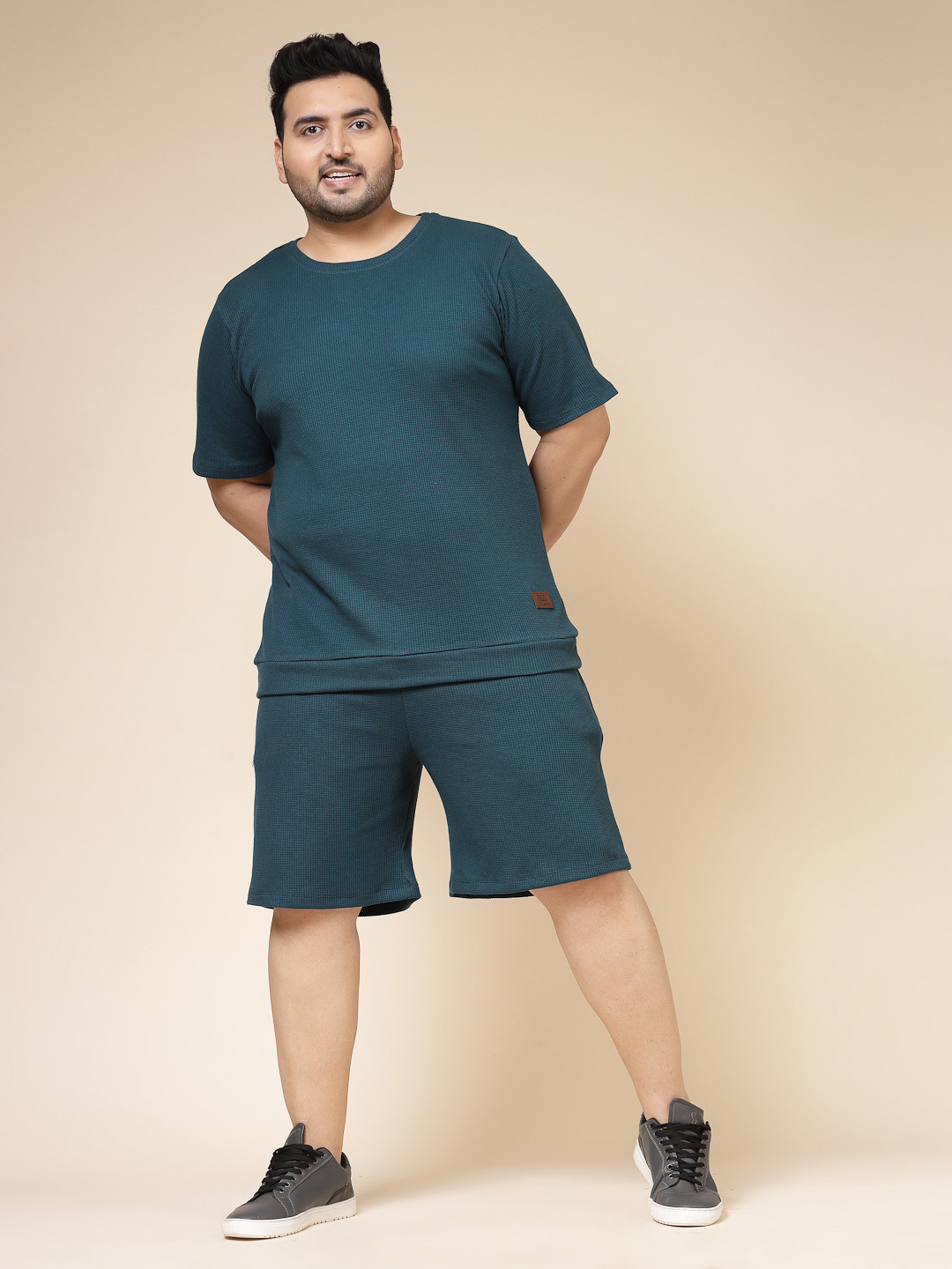 Rigo Waffle Knit Self Design Plus Size Pure Cotton Casual T-Shirt With Shorts