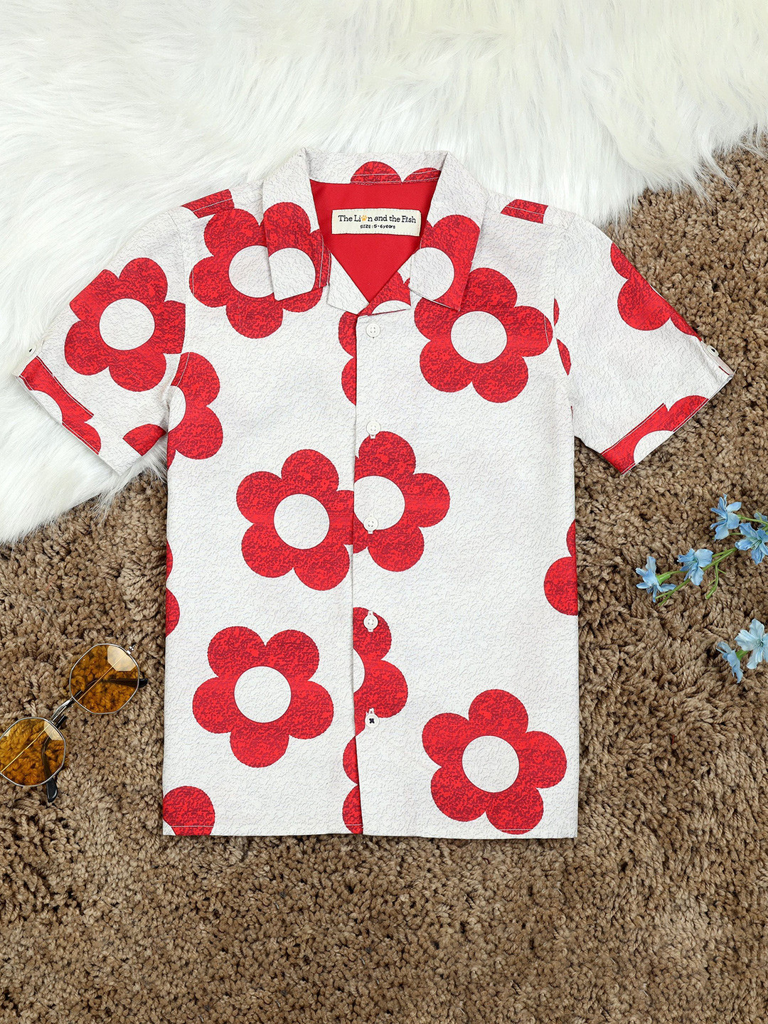 The Lion and The Fish Boys Relaxed Fit Flower Print Cuban Collar Shirt