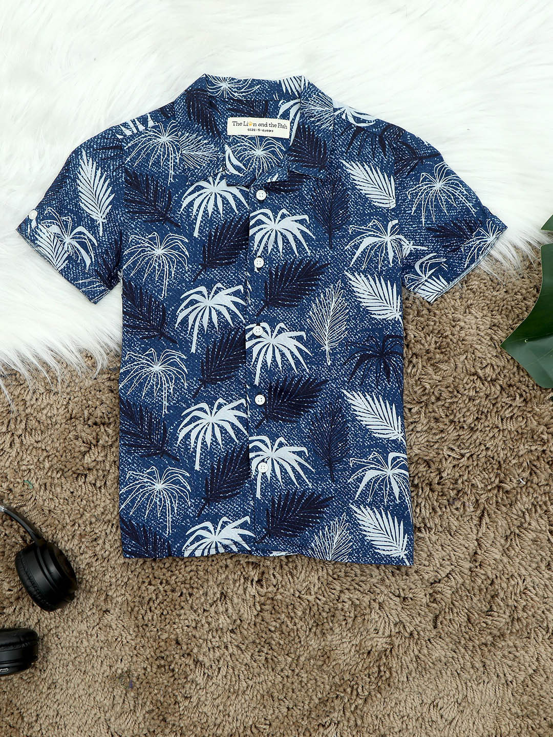 The Lion and The Fish Boys Relaxed Fit Tree Print Cuban Collar Shirt