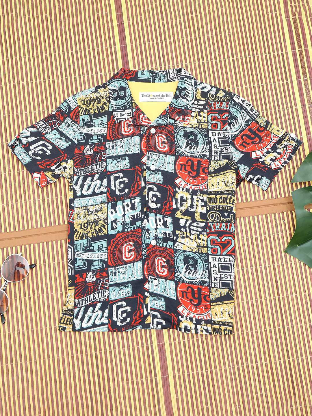 The Lion and The Fish Boys Relaxed Fit Sports Print Cuban Collar Shirt