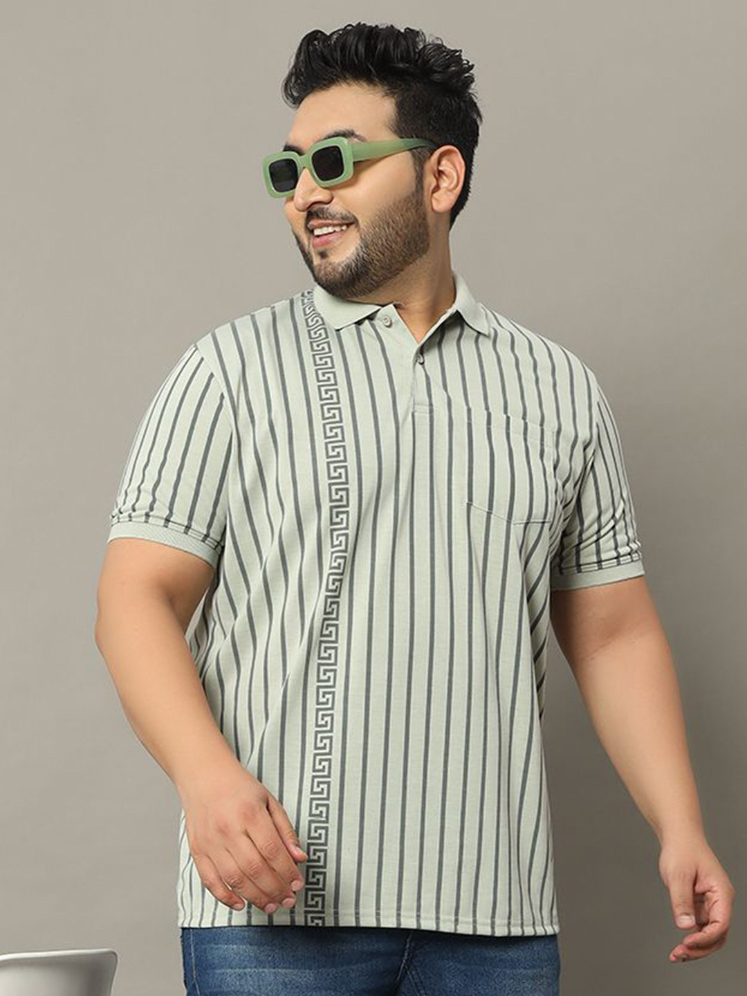 OGEN Men Striped Polo Collar Plus Size T-shirt
