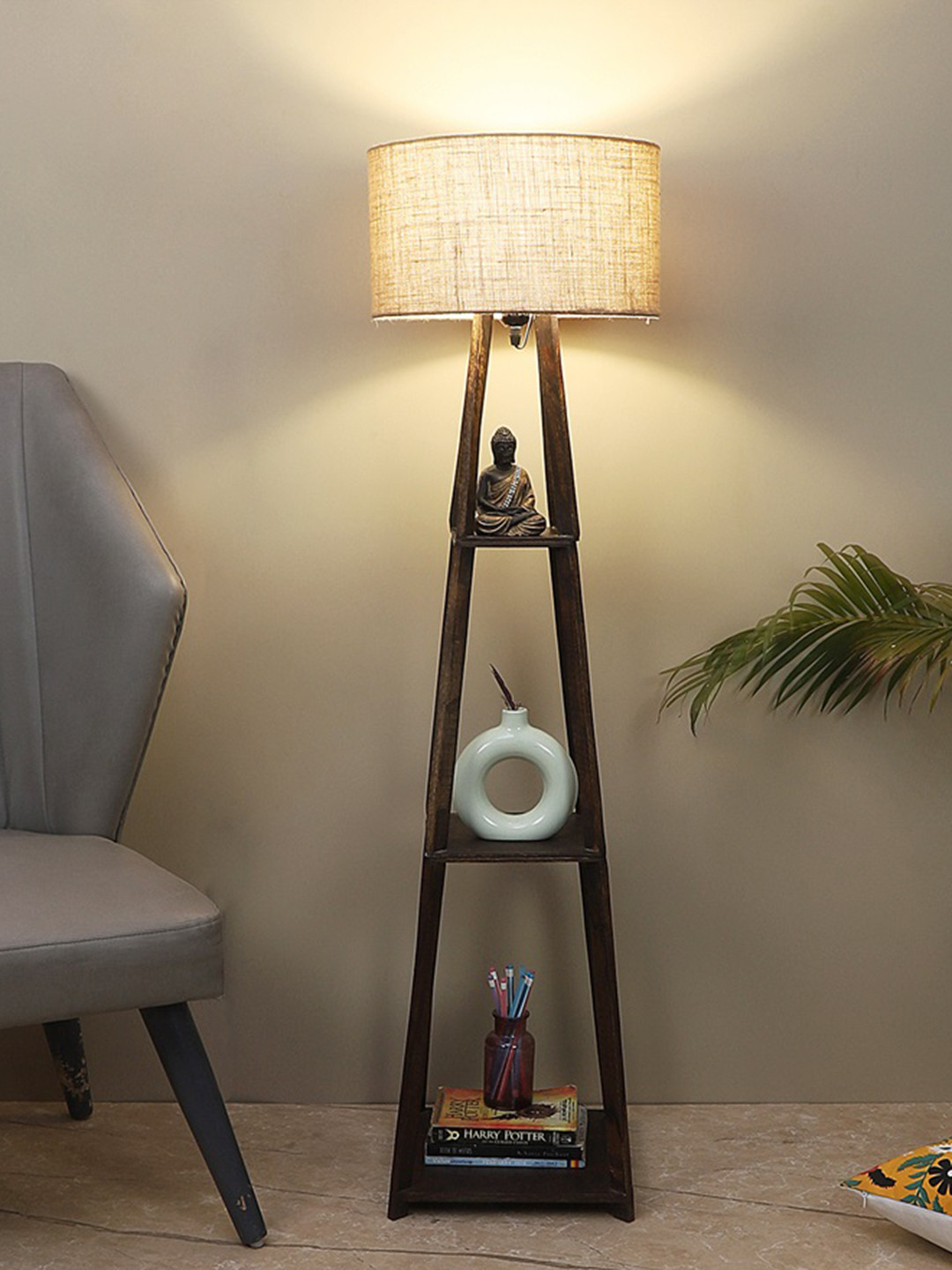 TU CASA Beige & Brown Wooden Cylindrical Shaped  Floor Lamps