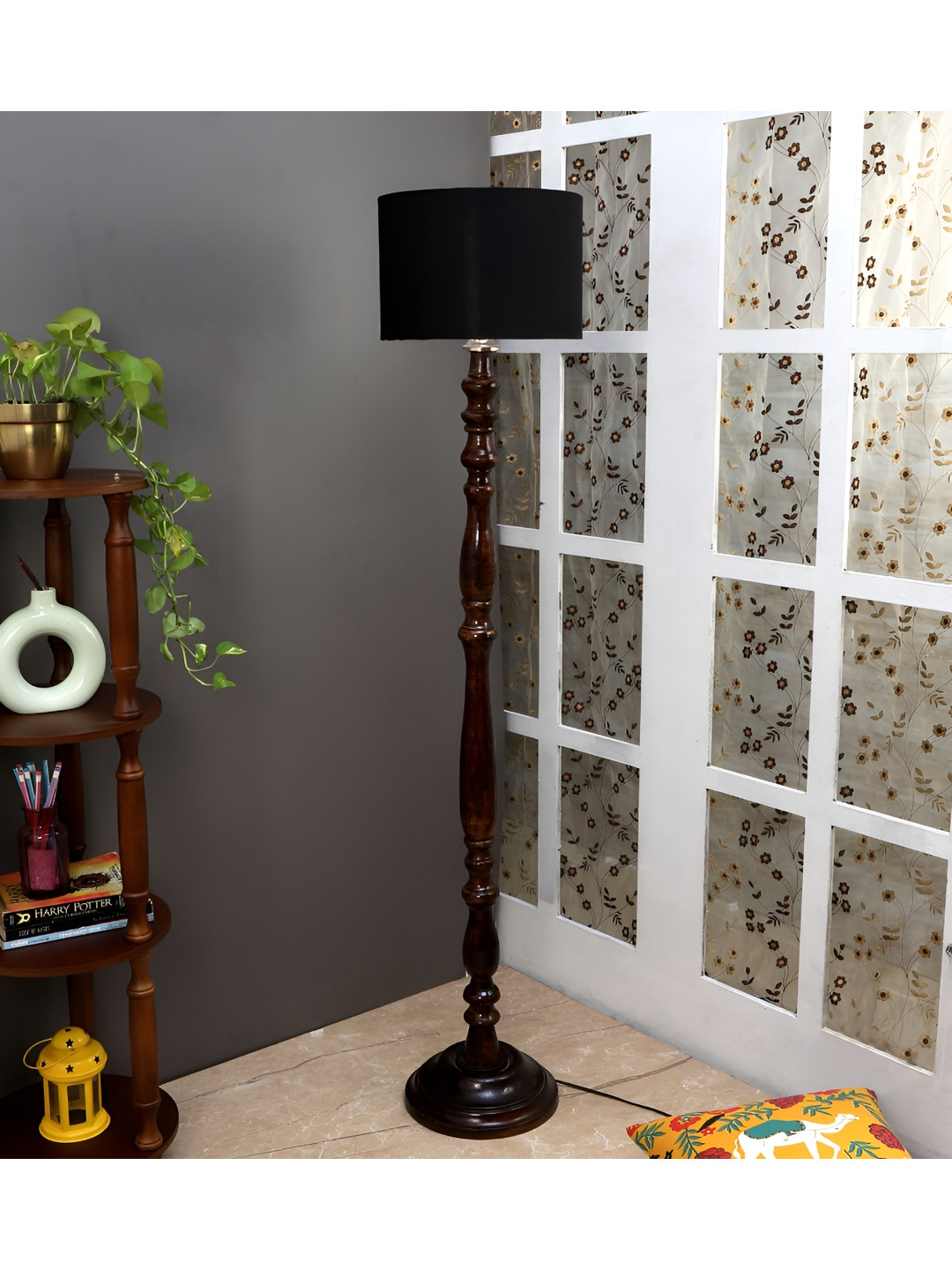 TU CASA Black & Brown Mango Wooden Cylindrical Shaped  Floor Lamp