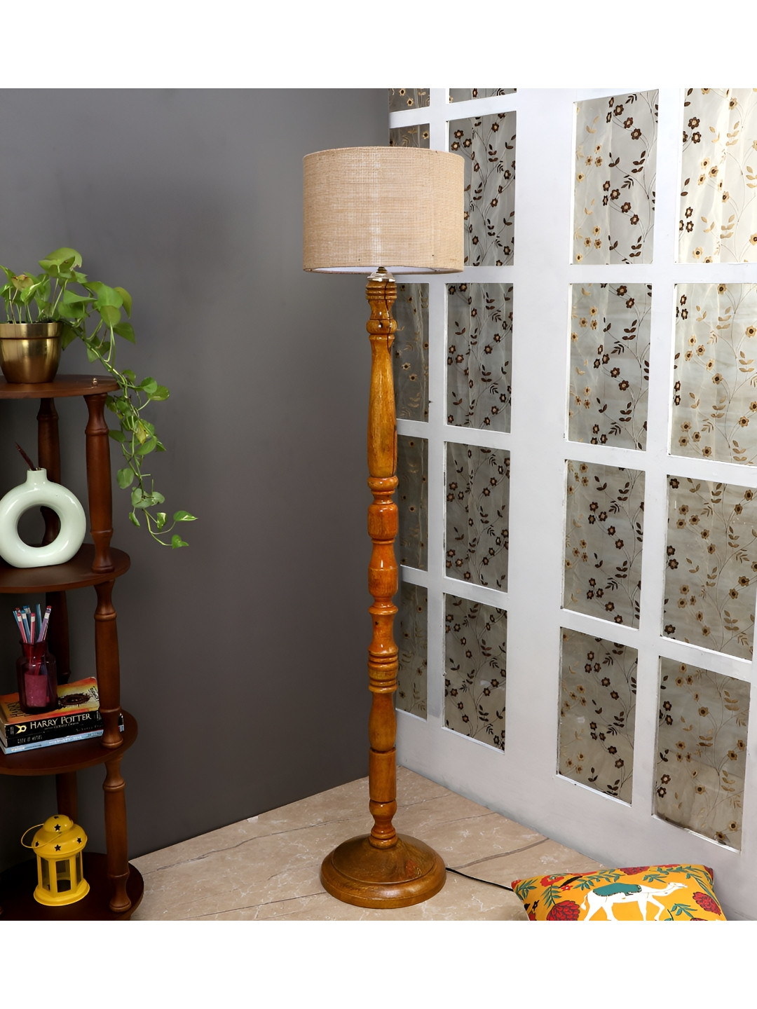 TU CASA Tan & Brown Cylindrical Shaped Mango Wooden Floor Lamp