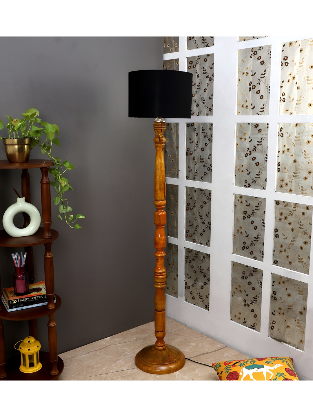 TU CASA Black & Brown Mango Wooden Cylindrical Shaped Contemporary Floor Lamps