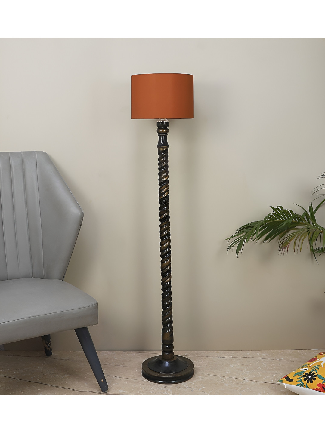 TU CASA Brown & Black Mango Wooden Contemporary Cylindrical Shaped Floor Lamp