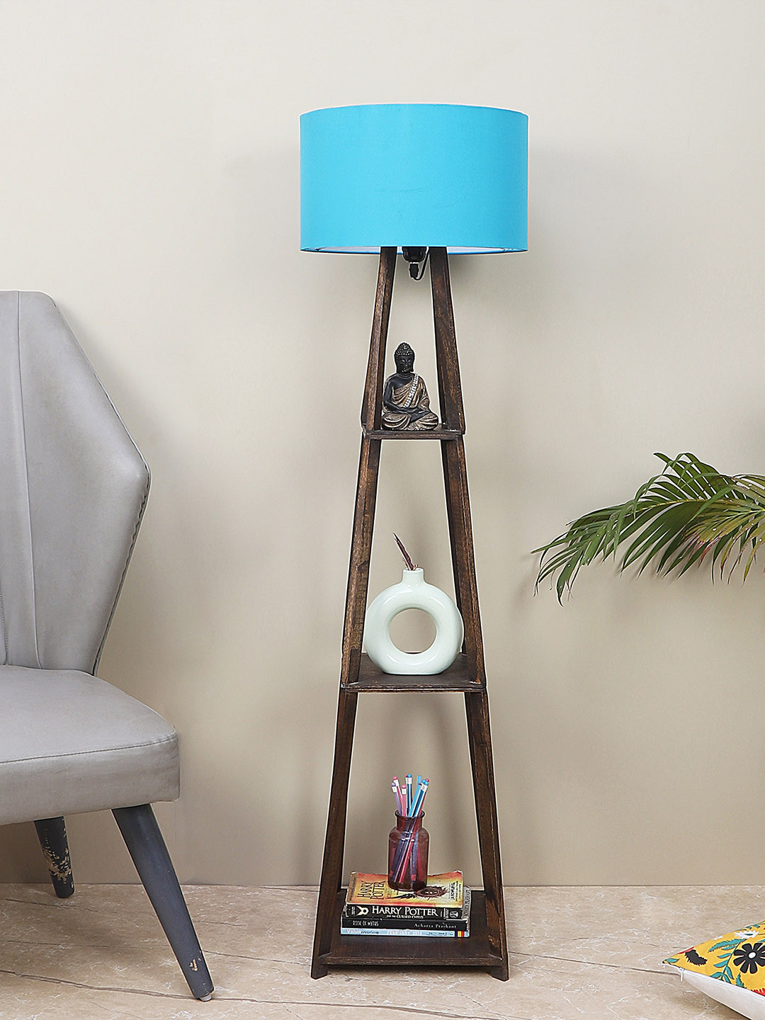 TU CASA Blue & Brown Wooden Cylindrical Shaped Floor Lamp
