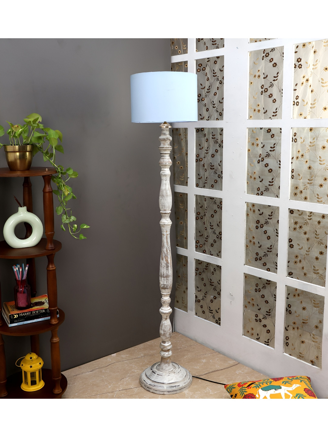 TU CASA Blue & White Contemporary Cylindrical Shaped Mango Wooden Floor Lamp