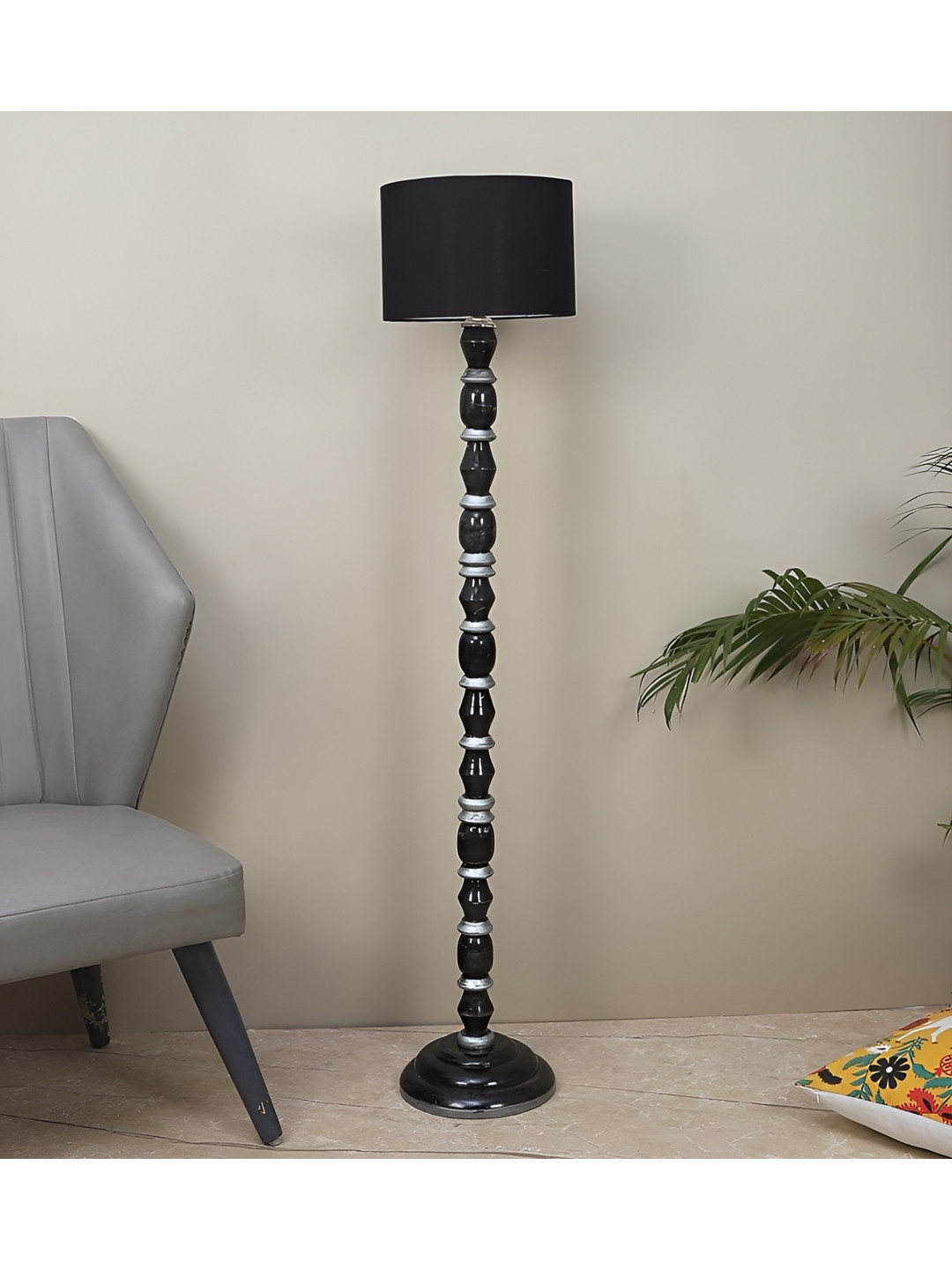 TU CASA Black Mango Wooden Cylindrical Shaped Floor Lamp