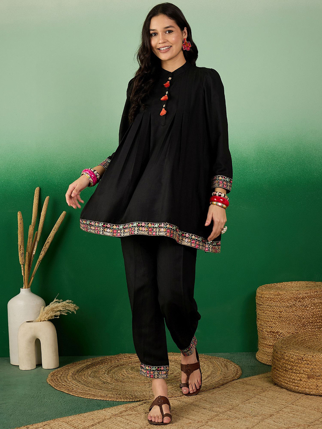 Sangria Black Embroidered Mandarin Collar A-line Kurti & Trousers