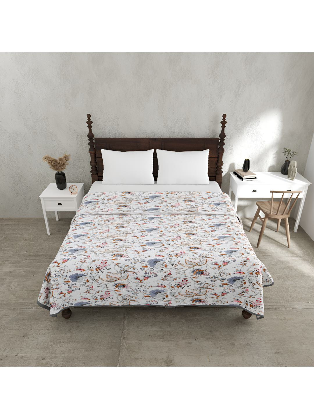 BED-SHEET.COM Pink & White Floral Pure Cotton 150 GSM Double Bed Dohar & 2 Pillow Covers
