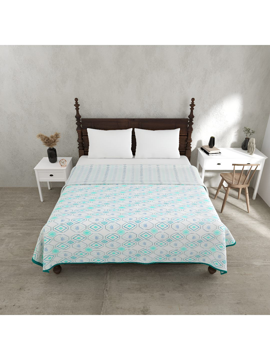 BED-SHEET.COM Green & White Geometric Cotton 150 GSM Double Bed Dohar & 2 Pillow Covers
