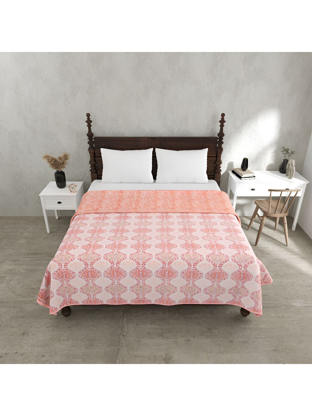 BED-SHEET.COM Peach Floral Pure Cotton 150 GSM Double Bed Dohar & 2 Pillow Covers