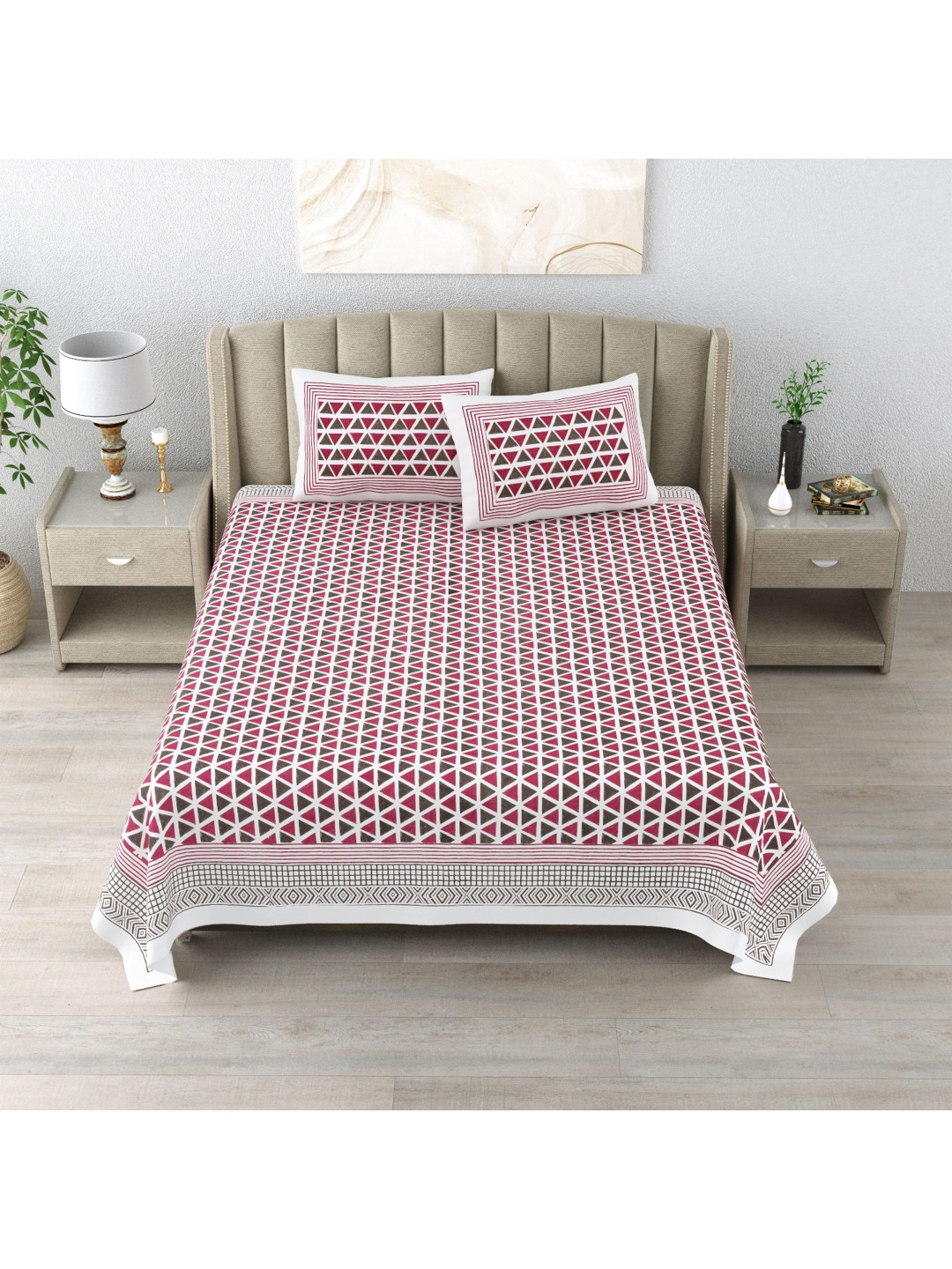 DE CAMA Maroon Geometric Pure Cotton 300 TC King Fine Bedsheet with 2 Pillow Covers-108 x 108 inches