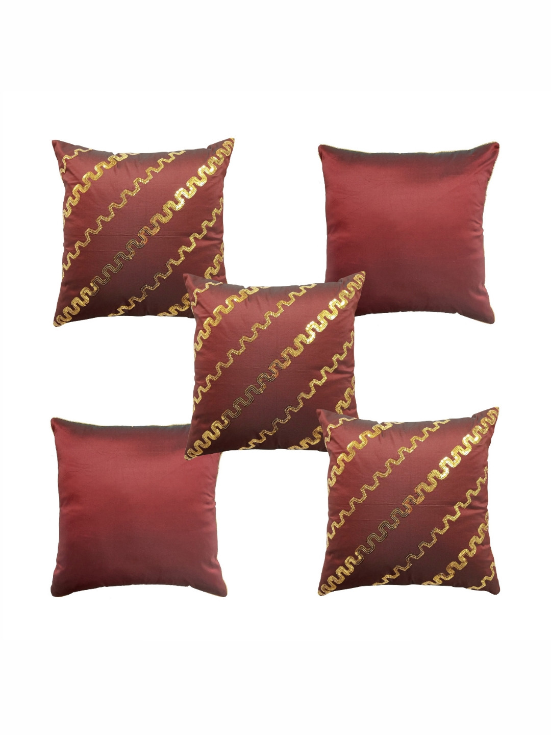 HOME9INE Burgundy Faux Silk Washable 5 Piece Embellished Square Cushion Covers -16x16In