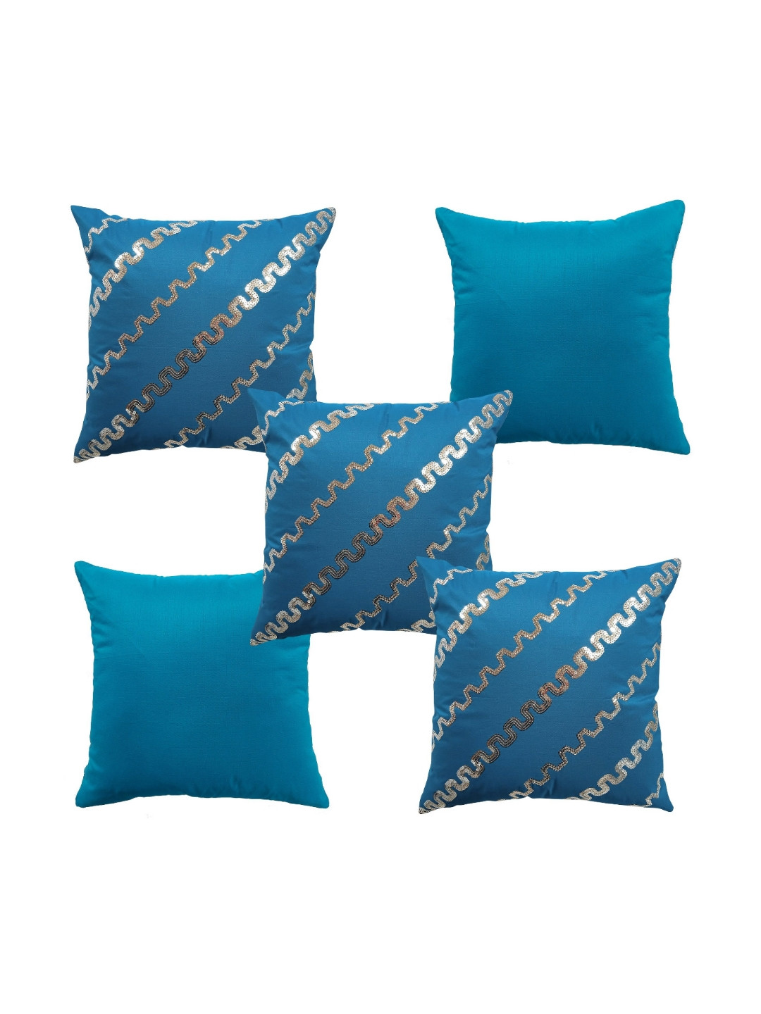 HOME9INE Turquoise Blue & Brown 5 Pieces Embellished Square Cushion Covers