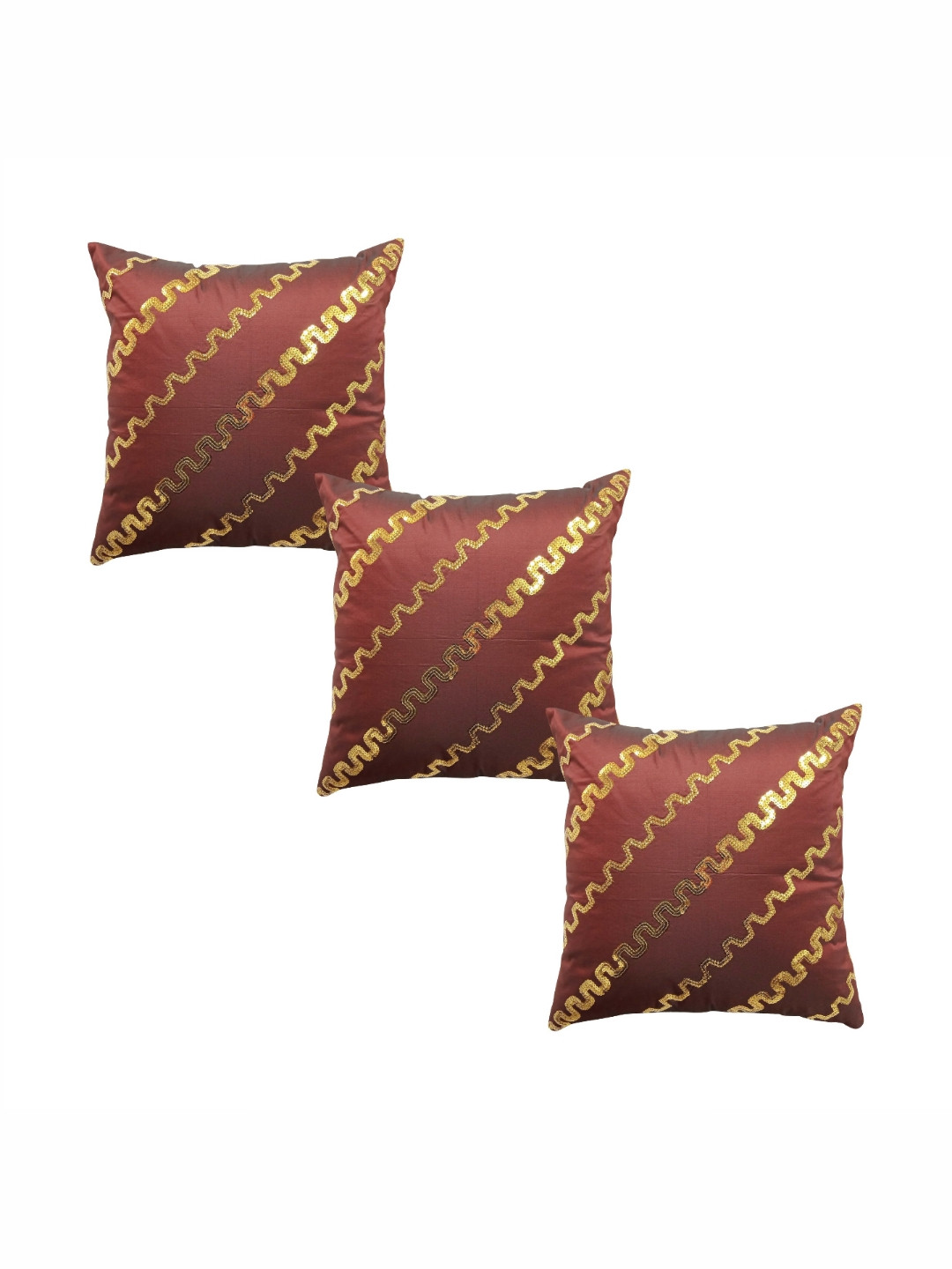 HOME9INE Burgundy Embellished Faux Silk Washable 3 Piece Square Cushion Covers -16x16In