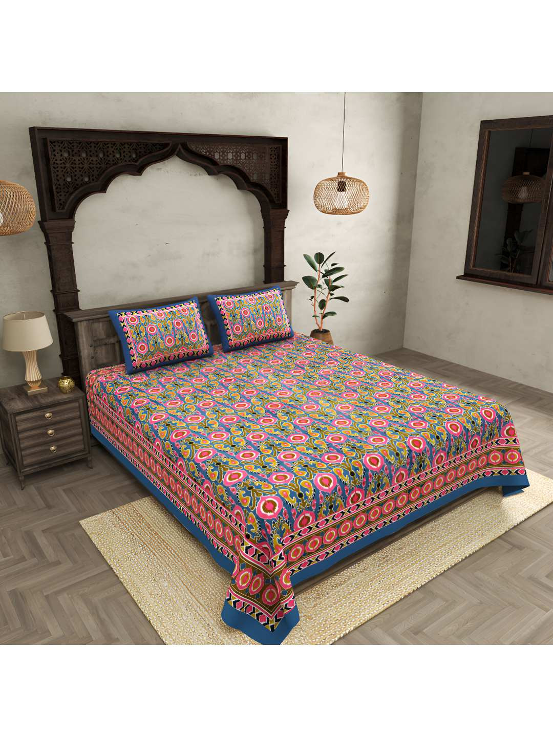 BED-SHEET.COM Premium Blue Ethnic Motifs Cotton 250 TC Super King Fine Bedsheet with 2 Pillow Covers-107 x 89 inches
