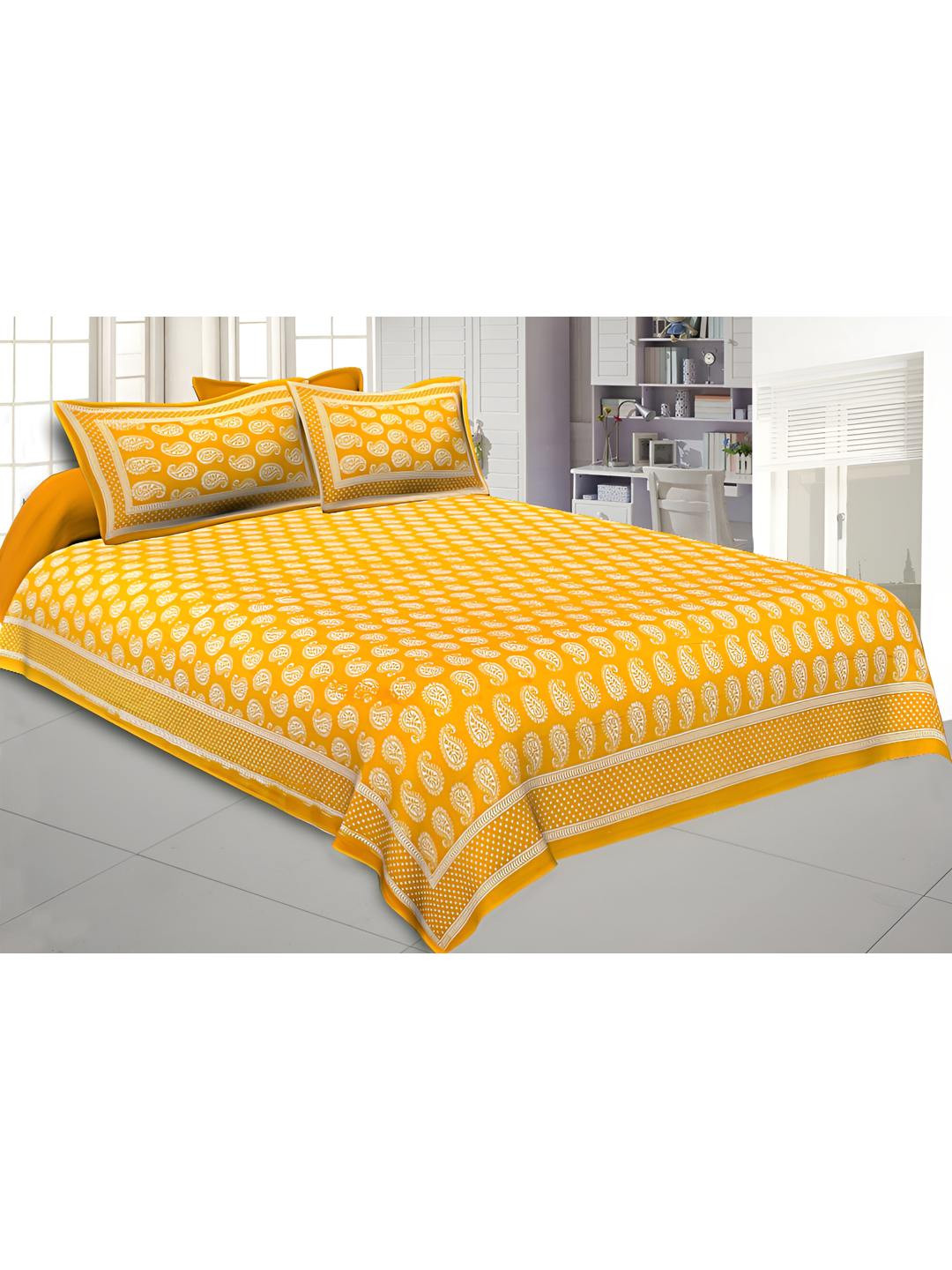 BED-SHEET.COM White Paisley Pure Cotton 144 TC King Bedsheet with 2 Pillow Covers-107 x 89 inches