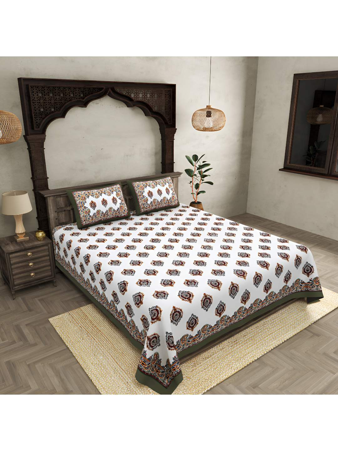 BED-SHEET.COM Booti Maroon Ethnic Motifs Cotton 250 TC King Fine Bedsheet with 2 Pillow Covers-59 x 87 inches