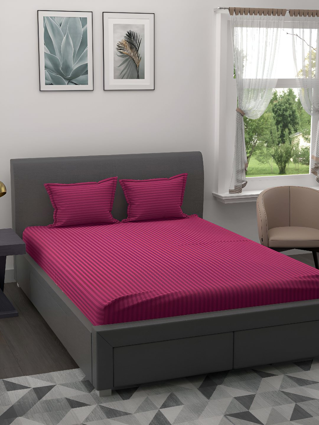 BED-SHEET.COM Pink Striped Satin 144 TC King Bedsheet with 2 Pillow Covers-107 x 89 inches