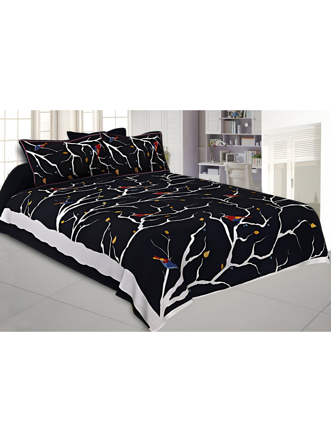 BED-SHEET.COM Black Conversational Pure Cotton 144 TC King Bedsheet with 2 Pillow Covers-107 x 89 inches