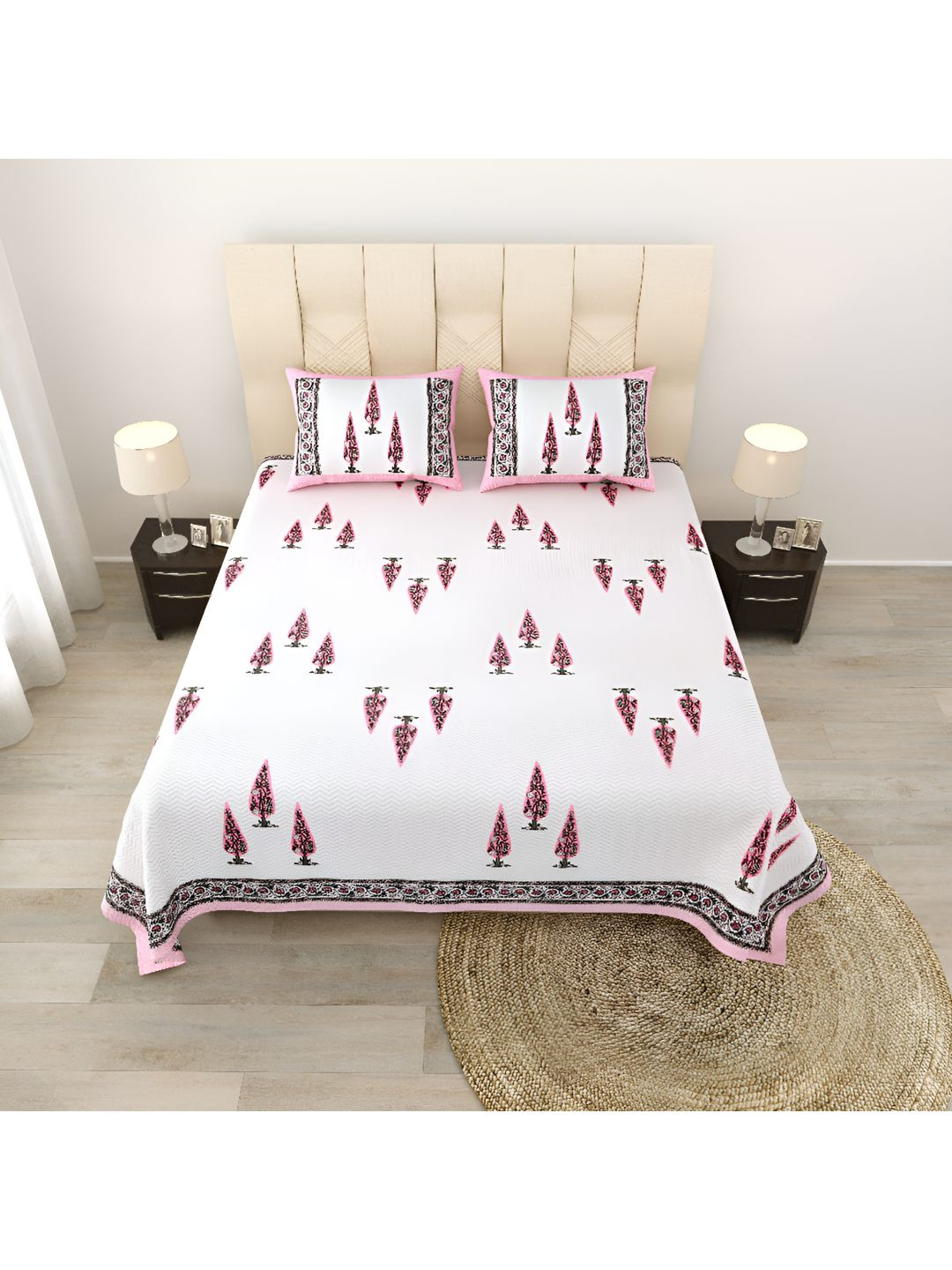 BED-SHEET.COM Elemental Elegance Pink Ethnic Motifs Pure Cotton 180 TC King Fine Bedsheet with 2 Pillow Covers-107 x 89 inches