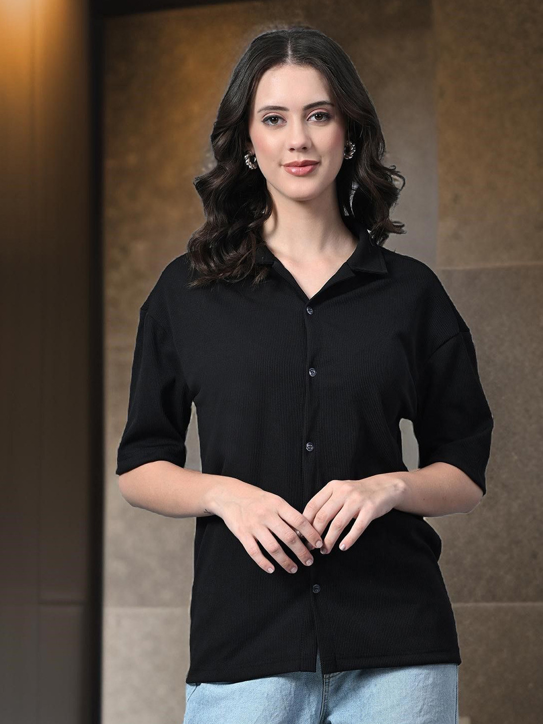 CLAFOUTIS Women Cuban Collar Solid Shirt