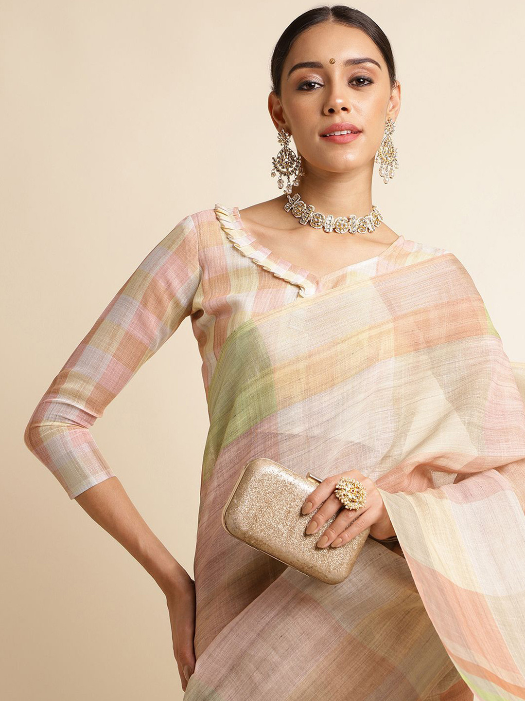 DOI MOI Colourblocked Pure Linen Chettinad Saree