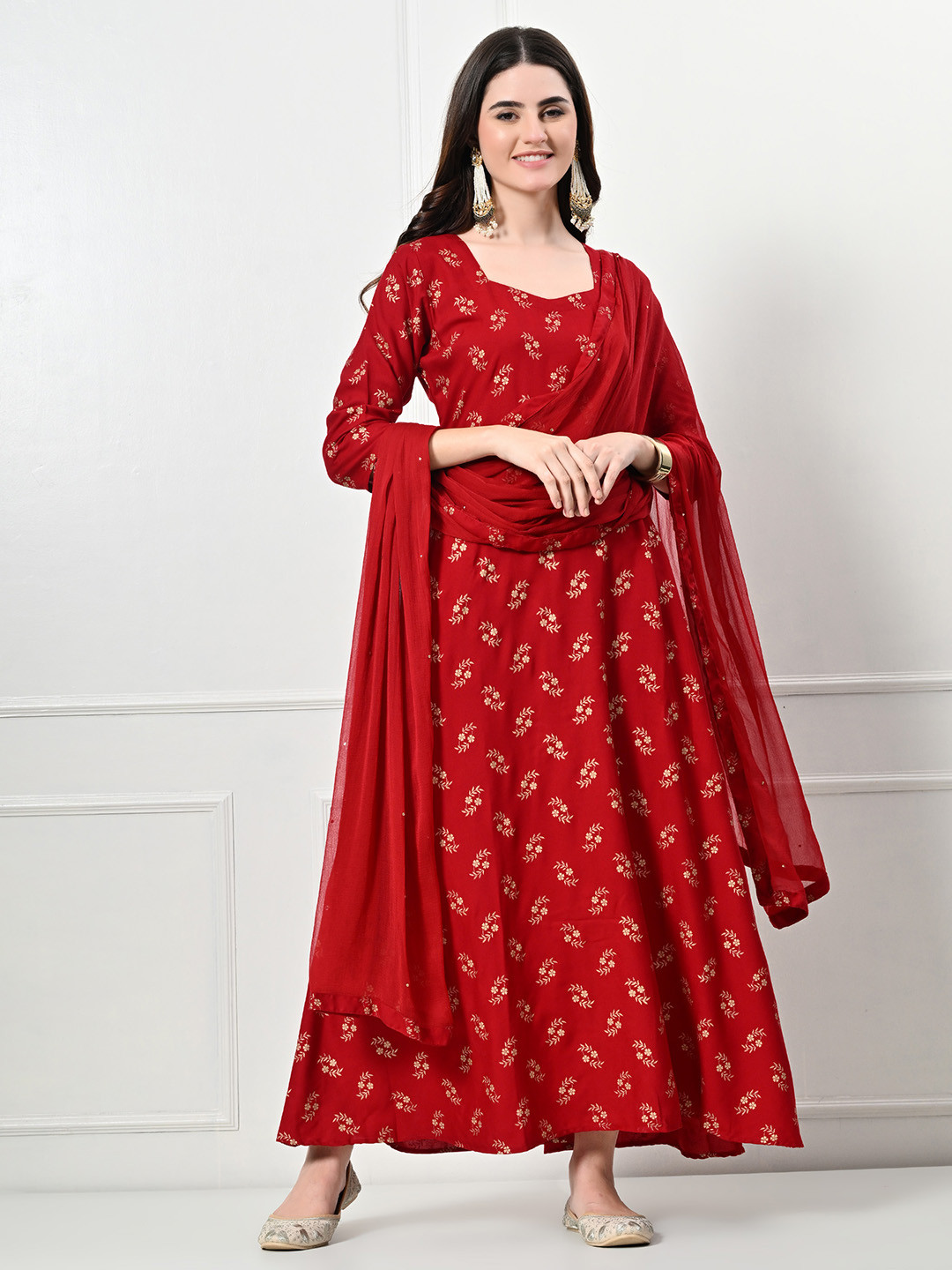 DesiNoor.com Floral Printed Sweetheart Neck Anarkali Kurta