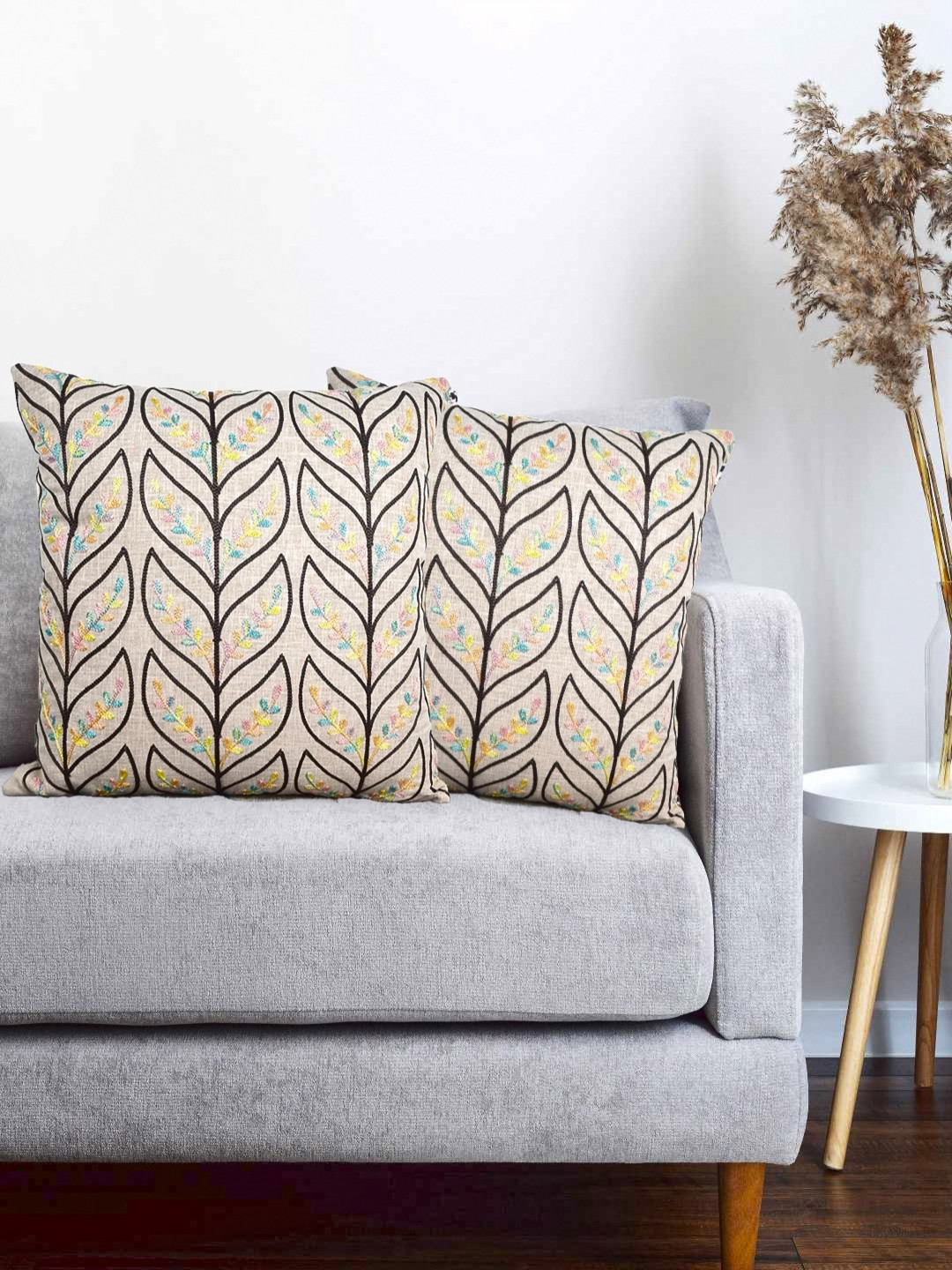 Vinayaka Fab Cream-Coloured & Black 2 Pieces Embroidered Linen Square Cushion Covers