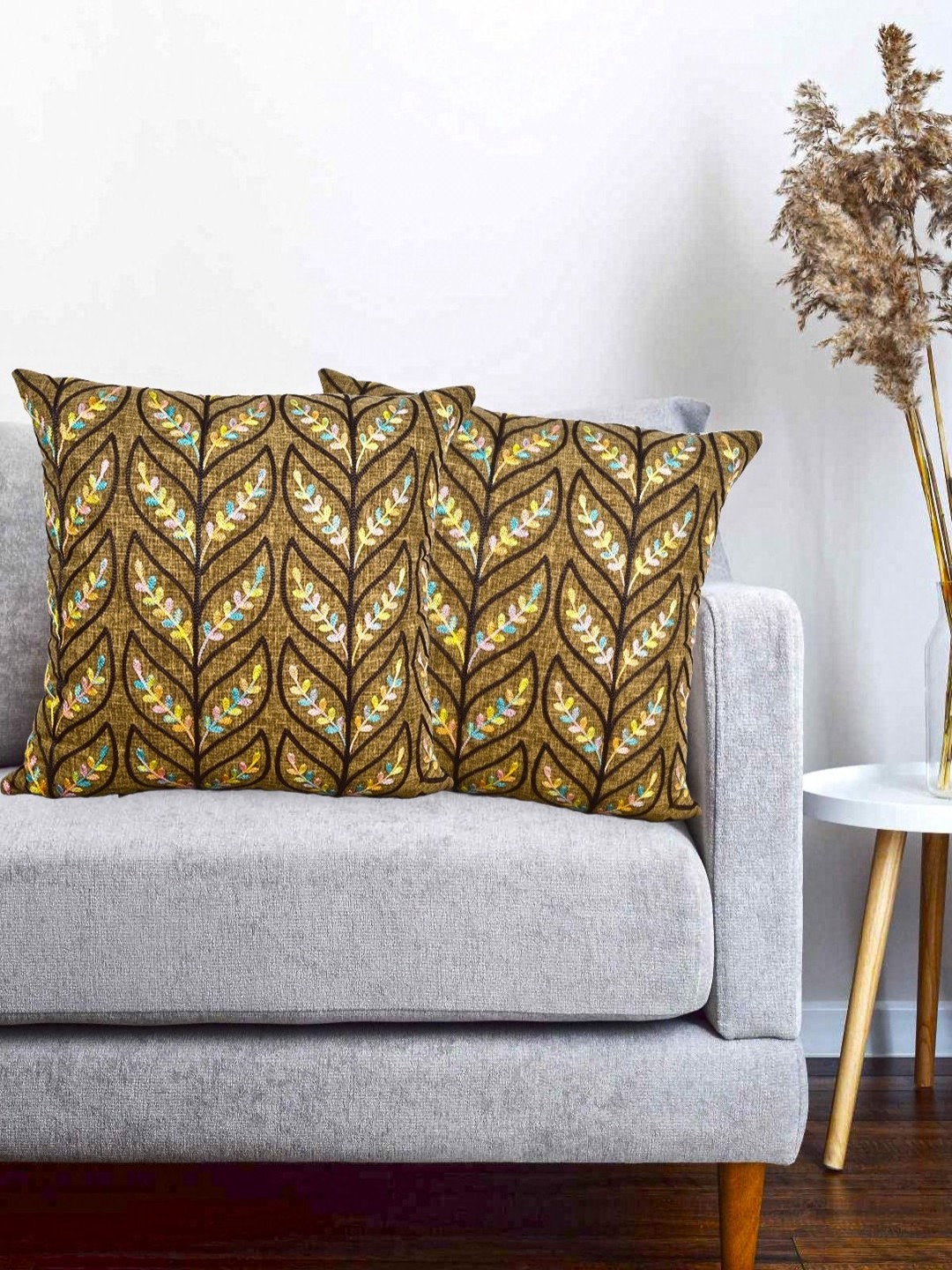 Vinayaka Fab Coffee Brown Embroidered Linen 2 Pcs Square Cushion Covers -16x16In