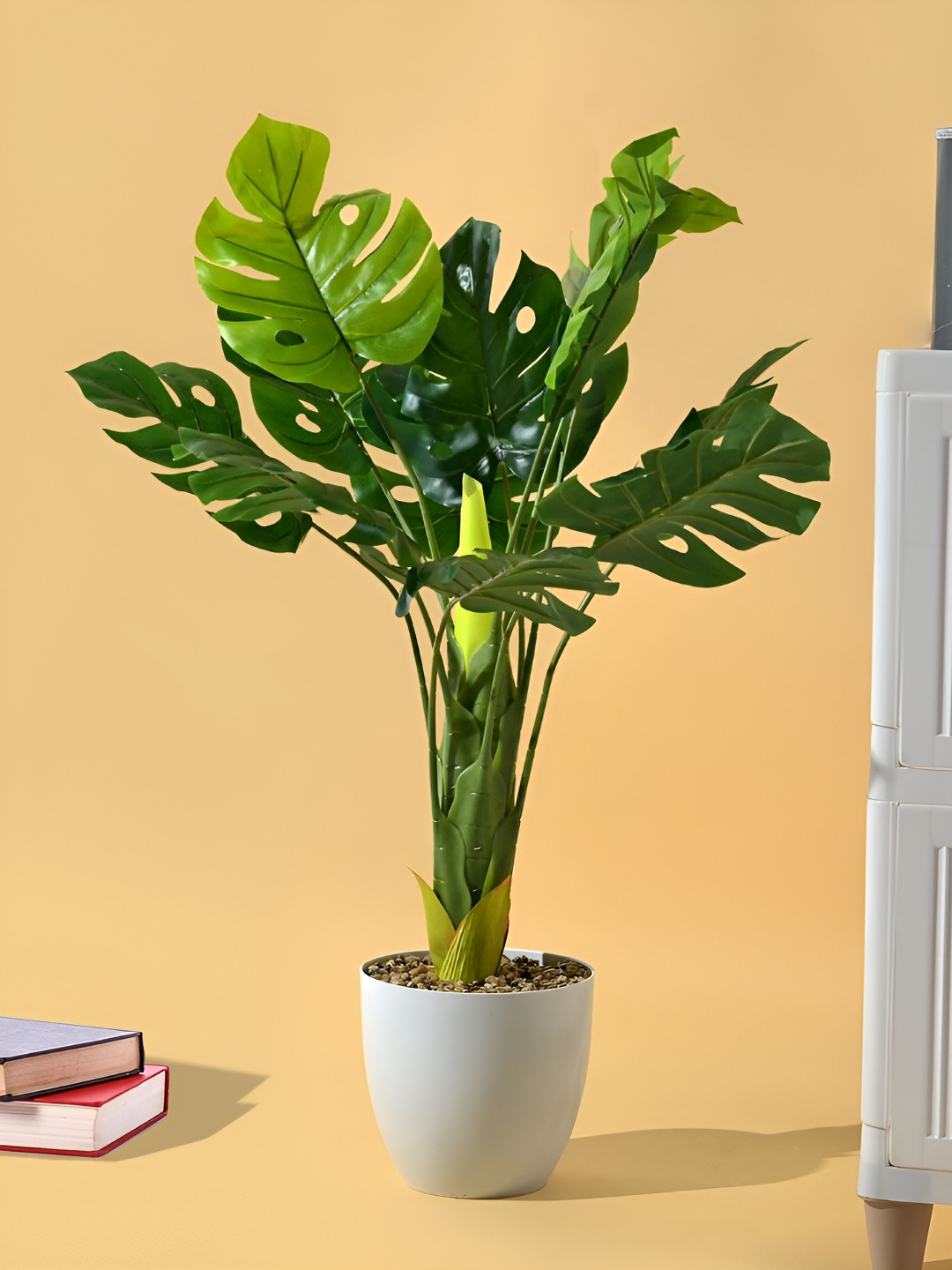 Kuber Industries White & Green Monstera Deliciosa Artificial Plant With Pot