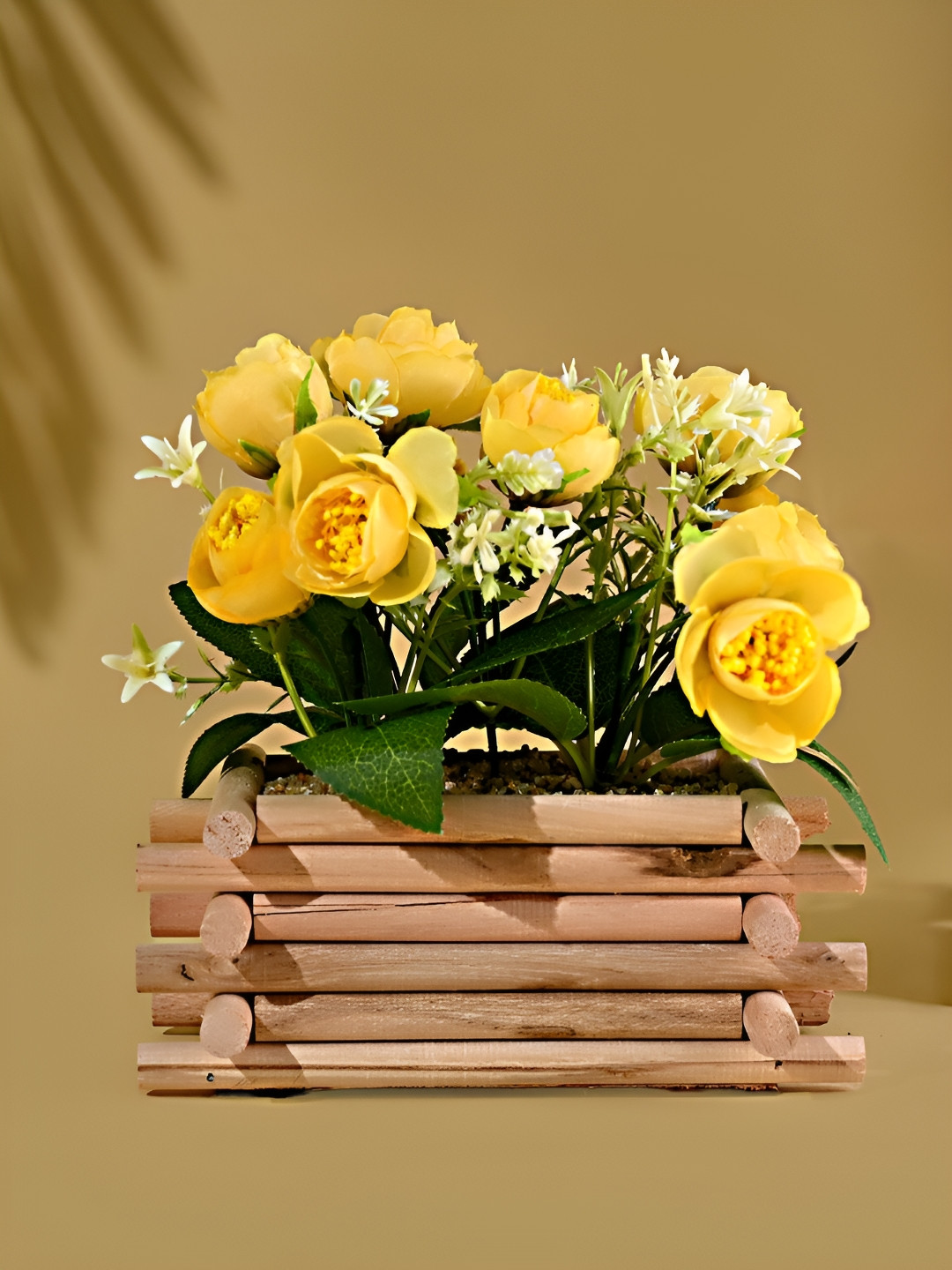 Kuber Industries Yellow & Green Wooden Rose Artificial Plant With Pot
