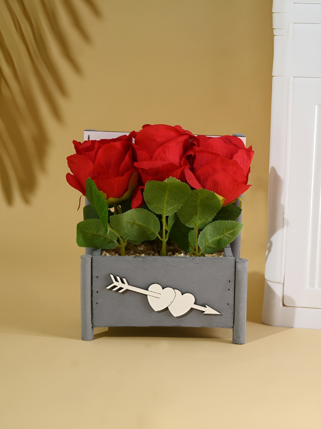 Kuber Industries Red & Green Rose Artificial Plant With Pot