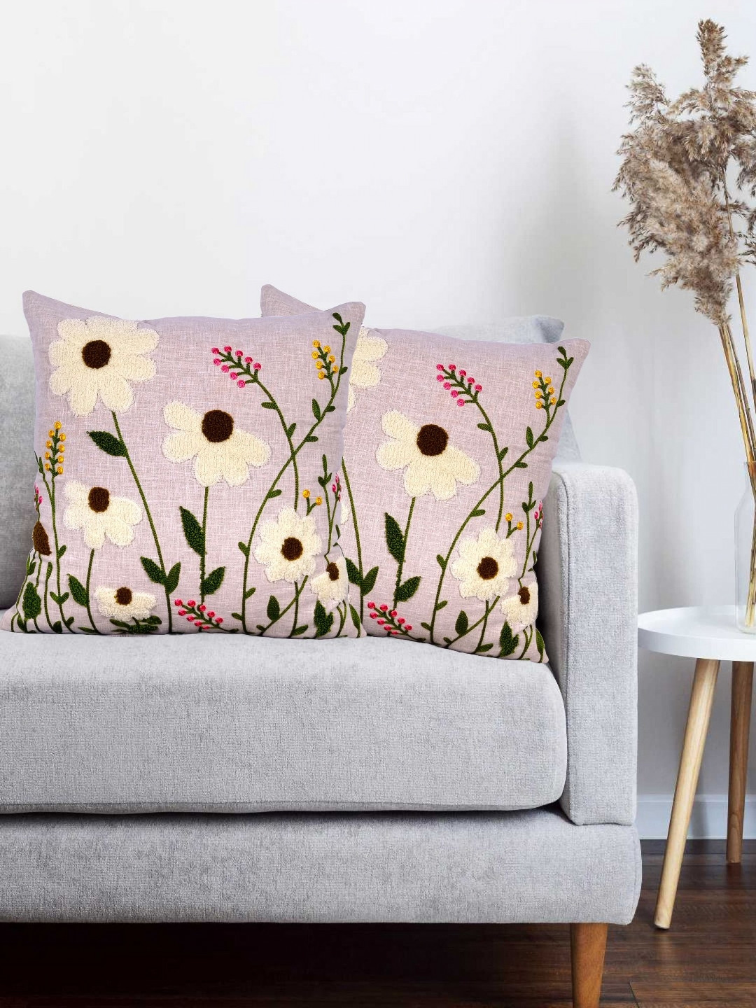 Vinayaka Fab Floral Linen Ultra Soft 2 Pcs Embroidered Square Cushion Covers -16x16In