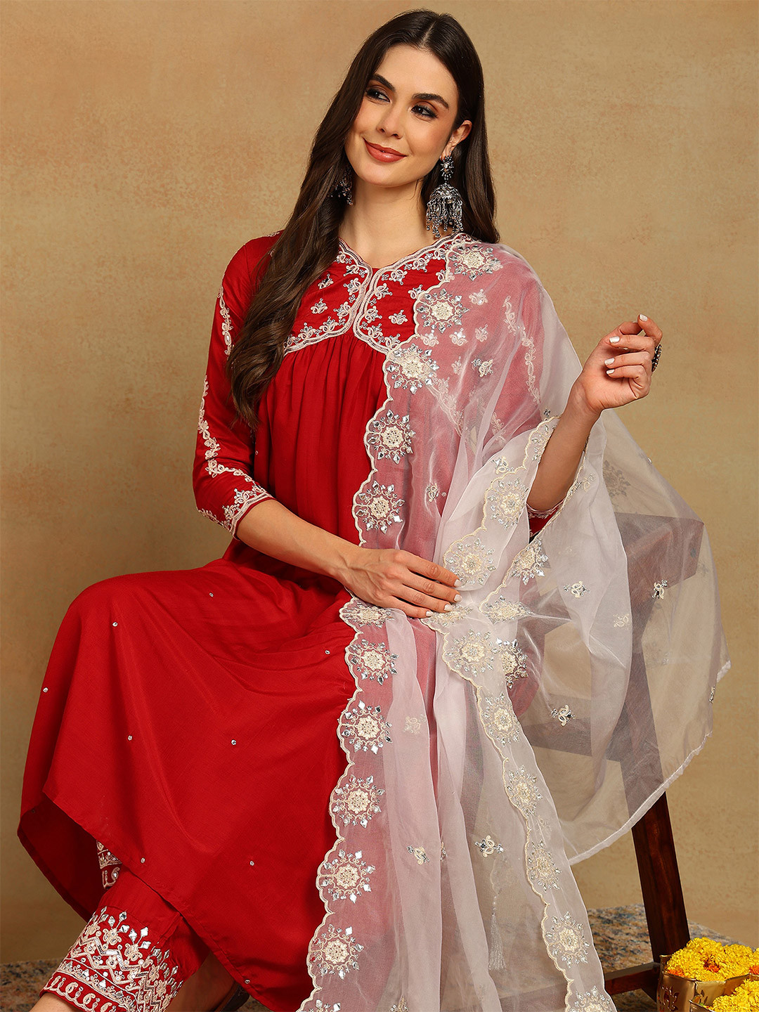 AHIKA Maroon & White Embroided Yoke Design V-Neck Anarkali Kurta With Trouser & Dupatta