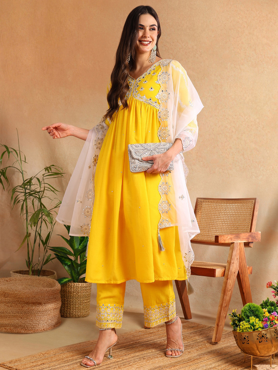 AHIKA Yellow & White Embroided Yoke Design Anarkali Kurta With Trouser & Dupatta