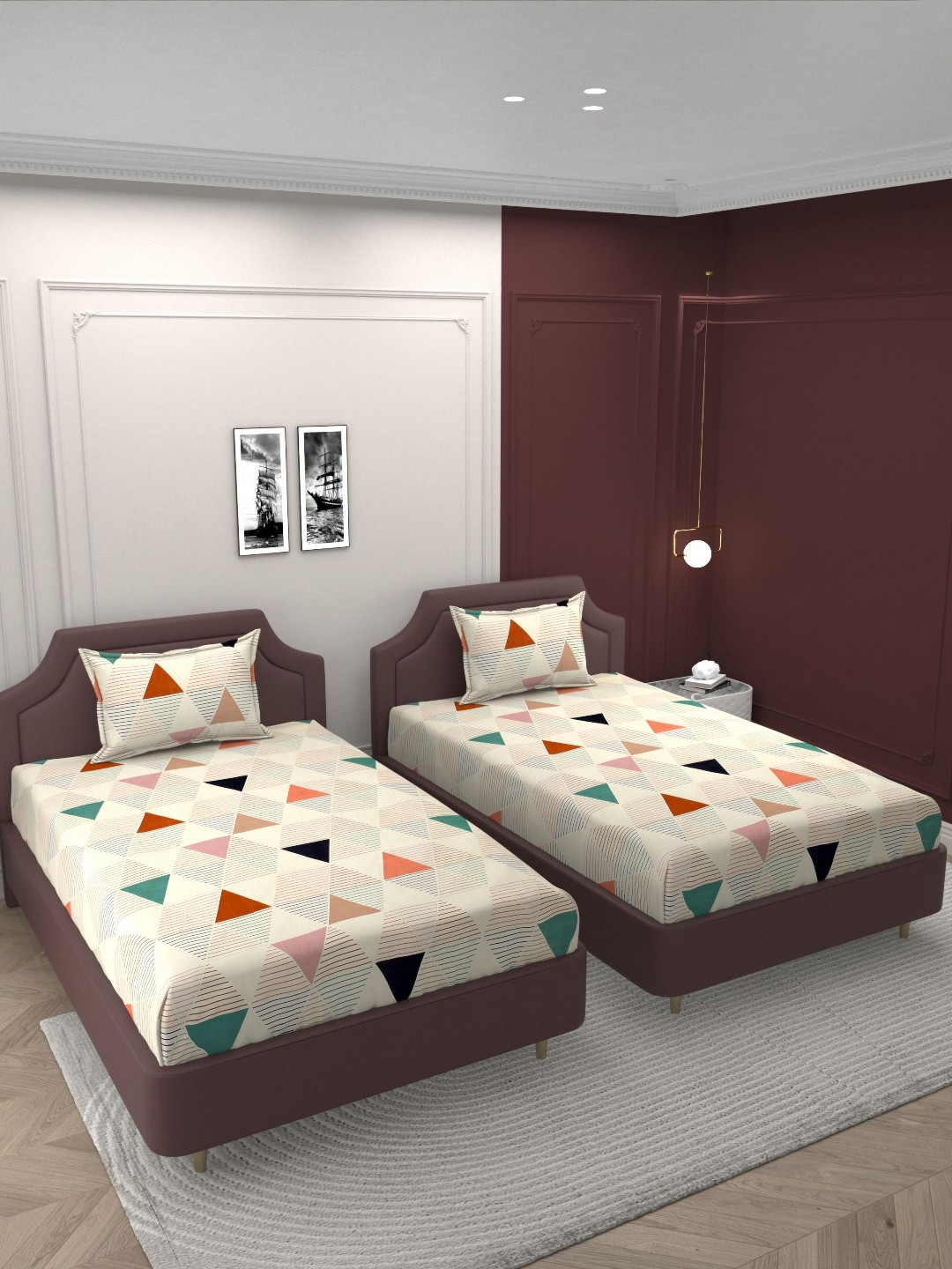 Bromwick Cream Geometric Cotton 250 TC Single Fine 2 Bedsheet with 2 Pillow Covers-59 x 87 inches