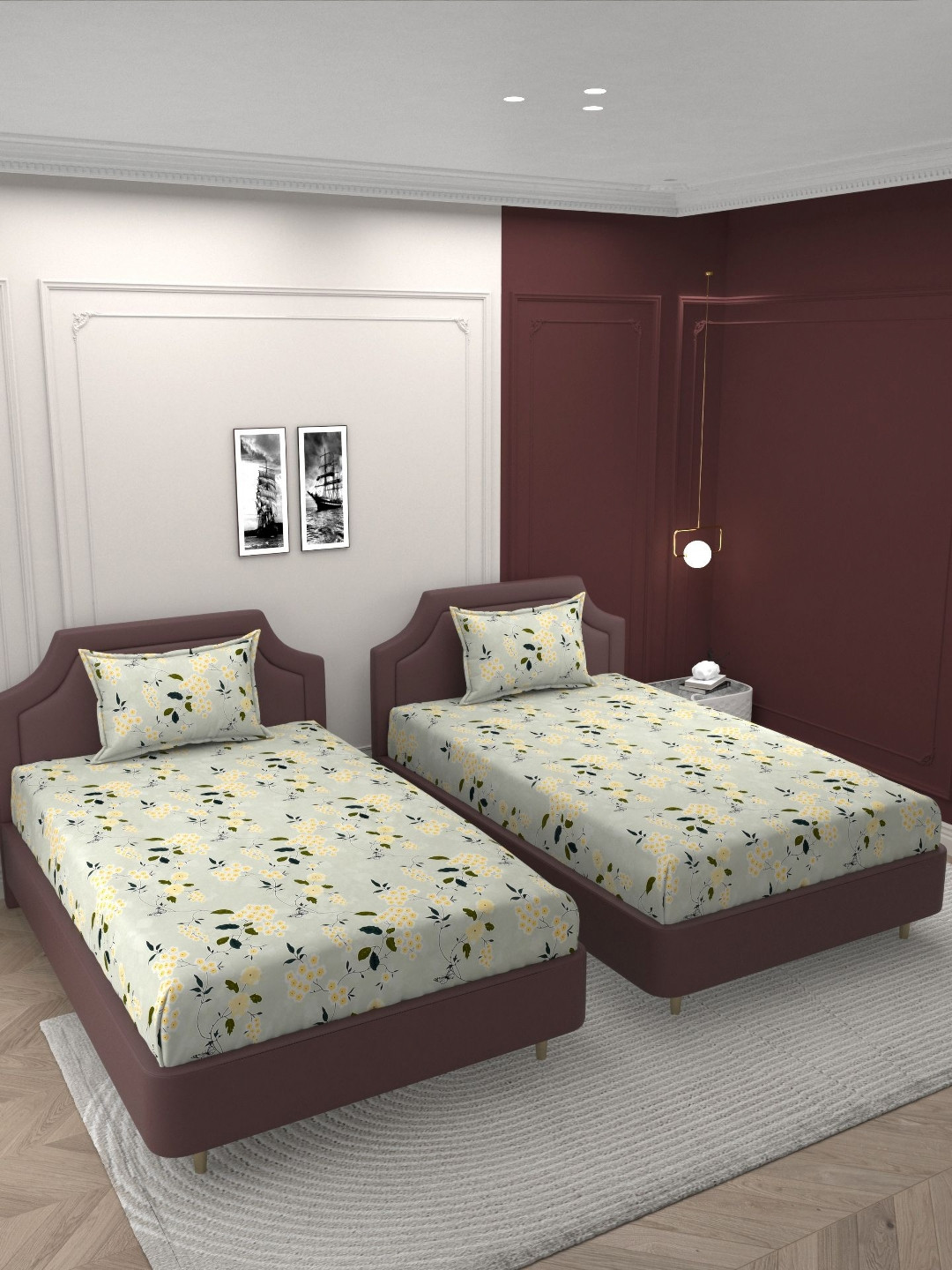 Bromwick Green Floral Cotton 250 TC Single Fine 2 Bedsheet with 2 Pillow Covers-2.11 x 60 inches