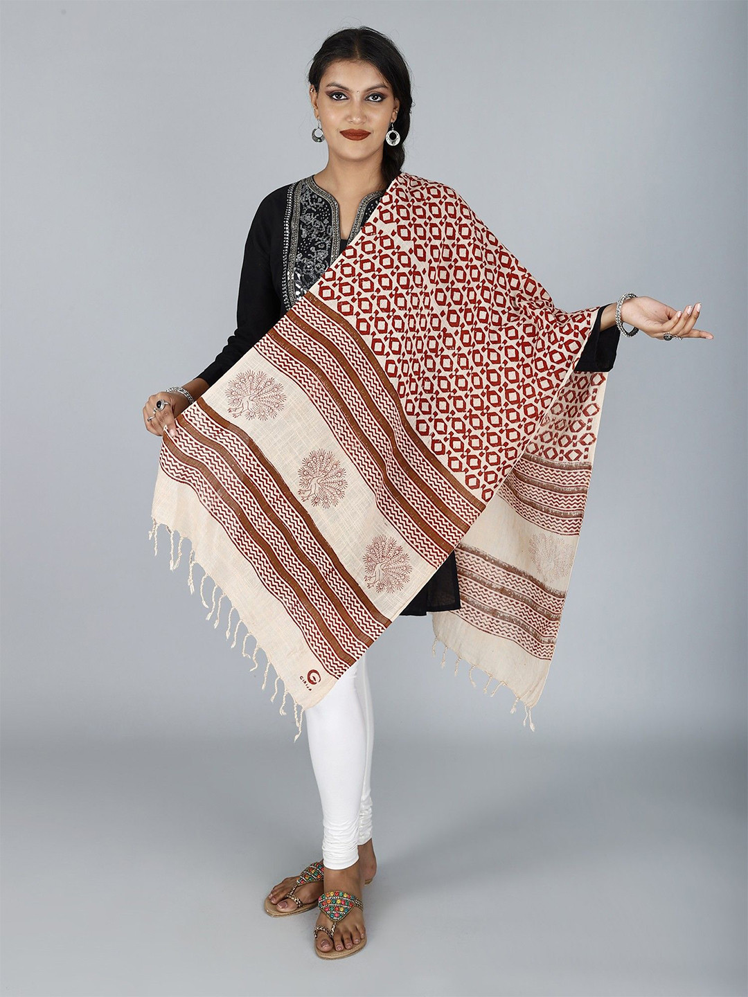 Exotic India Abstract And Peacock Print Khadi Cotton Stole