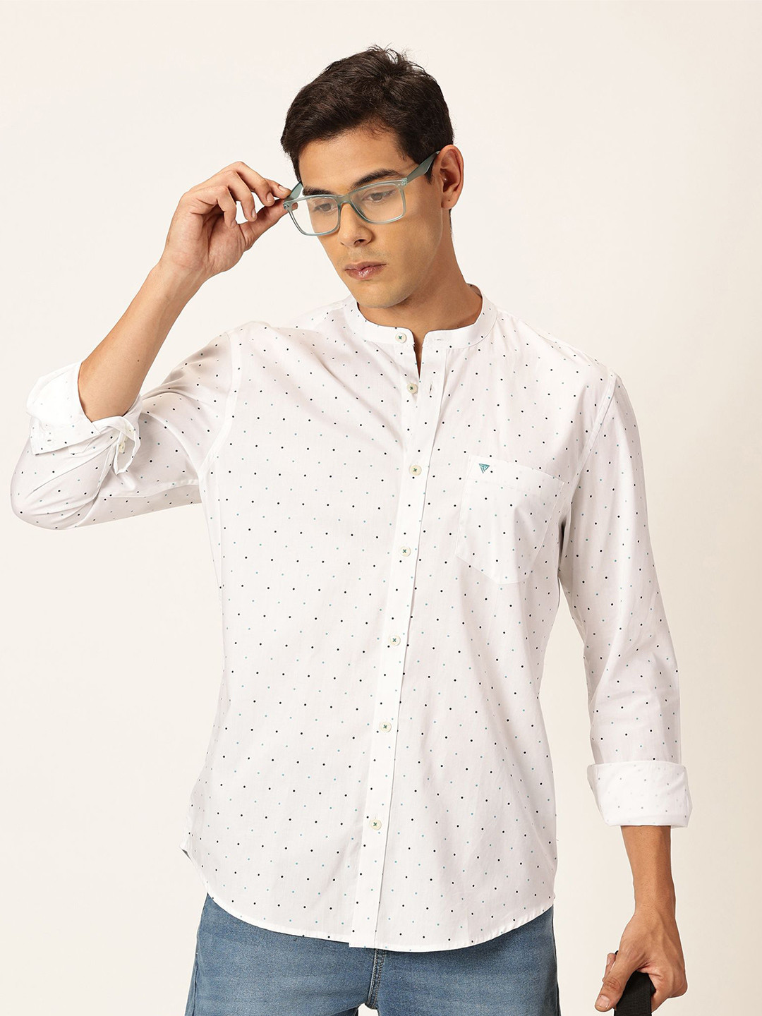 Thomas Scott Men Premium Slim Fit Micro Dots Printed Band Collar Casual Shirt