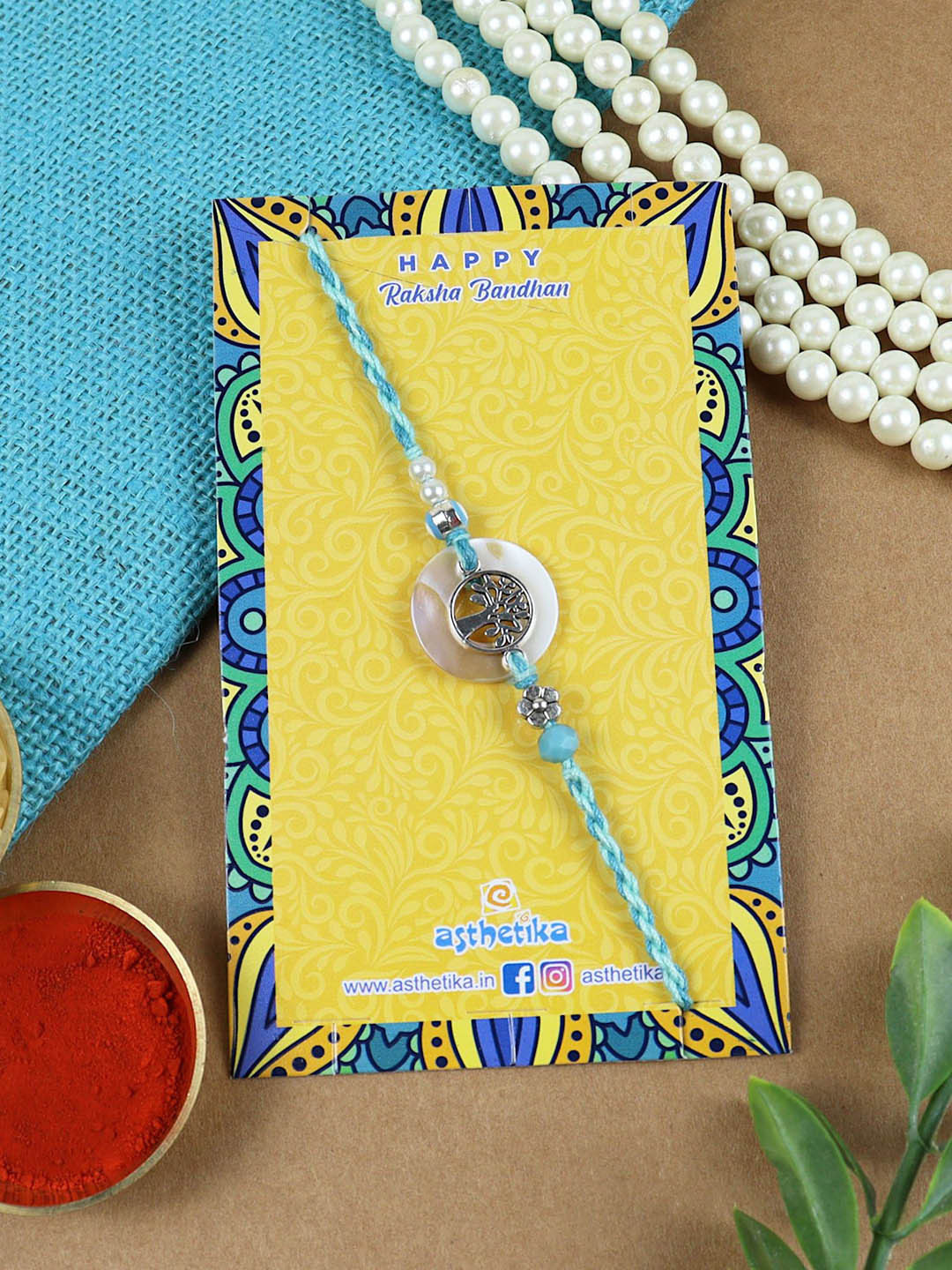 Asthetika Tree of Life Shell Ring Rakhi with Roli Chawal