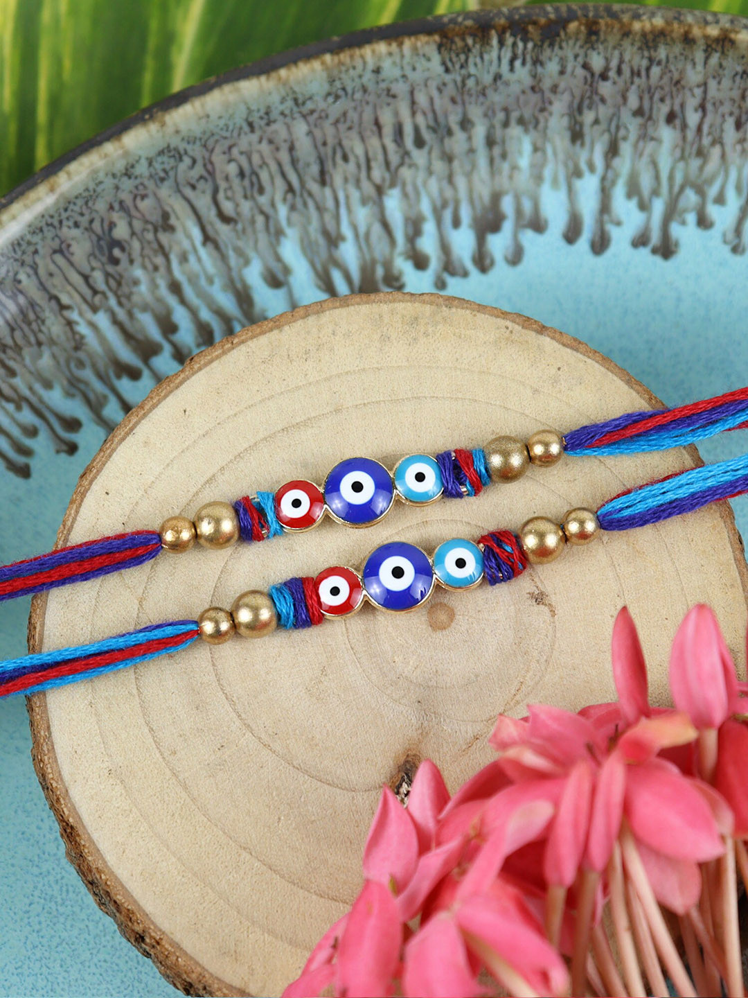 Asthetika Set of 2 Evil Eye Beaded Rakhis with Roli Chawal