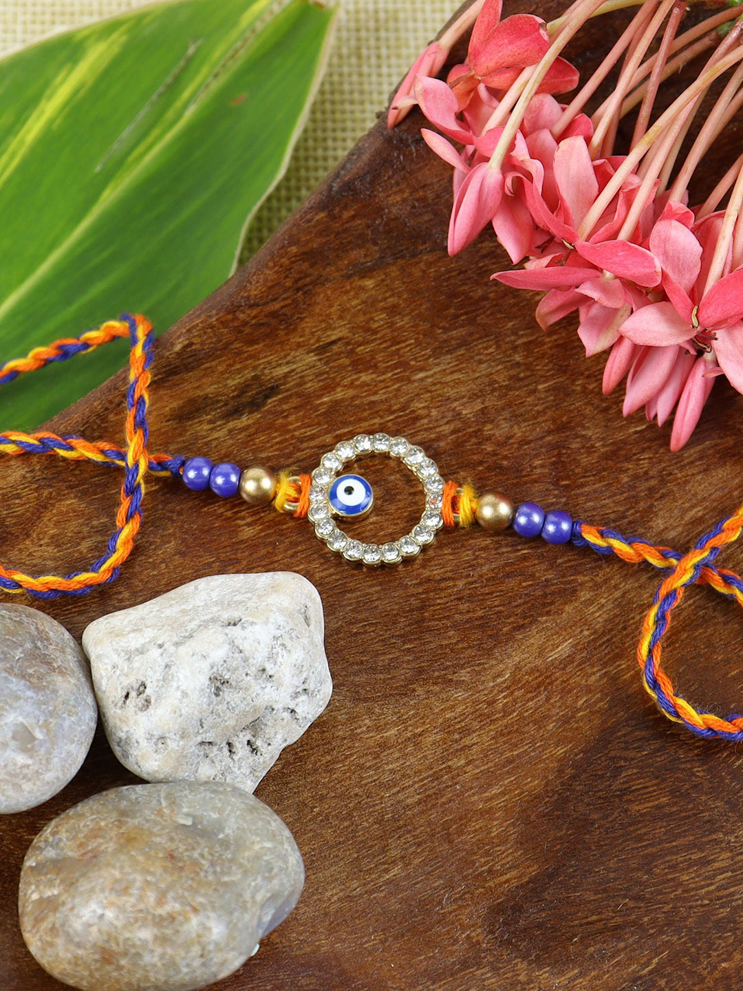 Asthetika Evil Eye Diamond Ring Shaped Beaded Rakhi with Roli Chawal