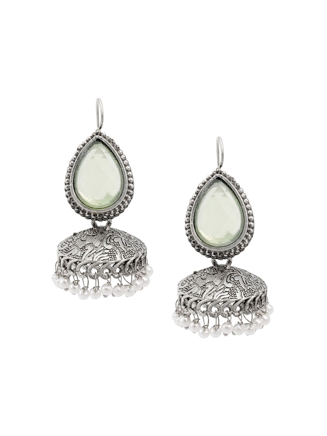 Shining Jewel - By Shivansh Cubic Zirconia Oxidised Silver Plated Dome Shaped Jhumkas