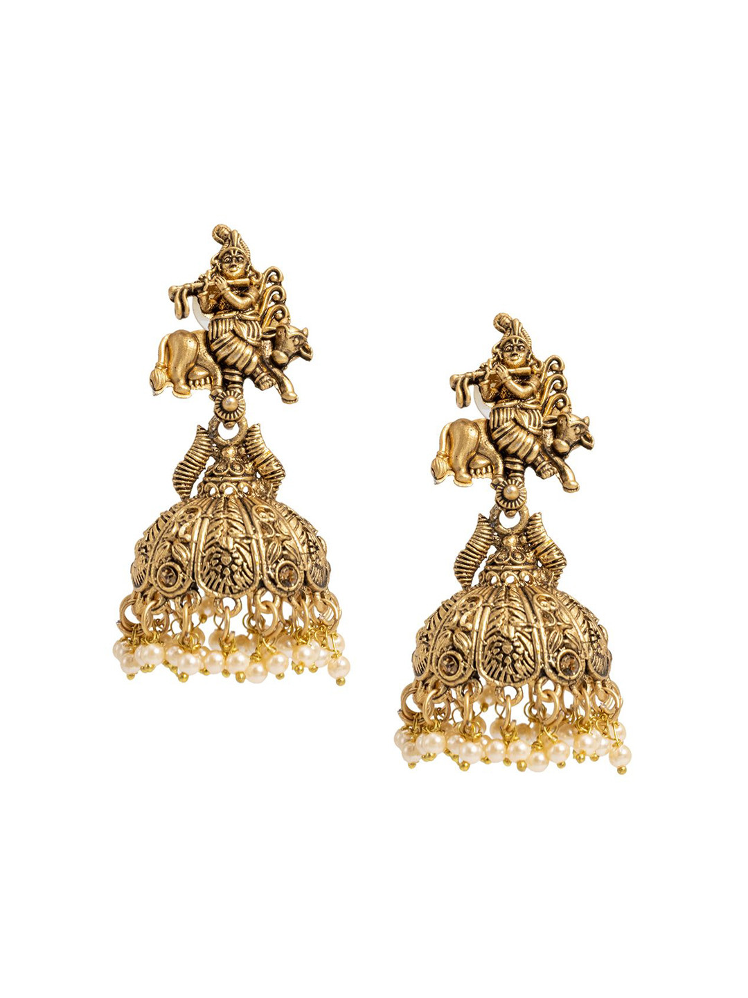 Shining Jewel - By Shivansh Gold-Plated Brass Antique Temple Detailed Jhumka Earrings