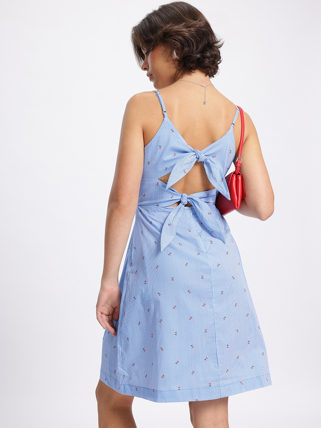 DressBerry Striped Ditsy Print Pleated A-line Dress with Styled Back