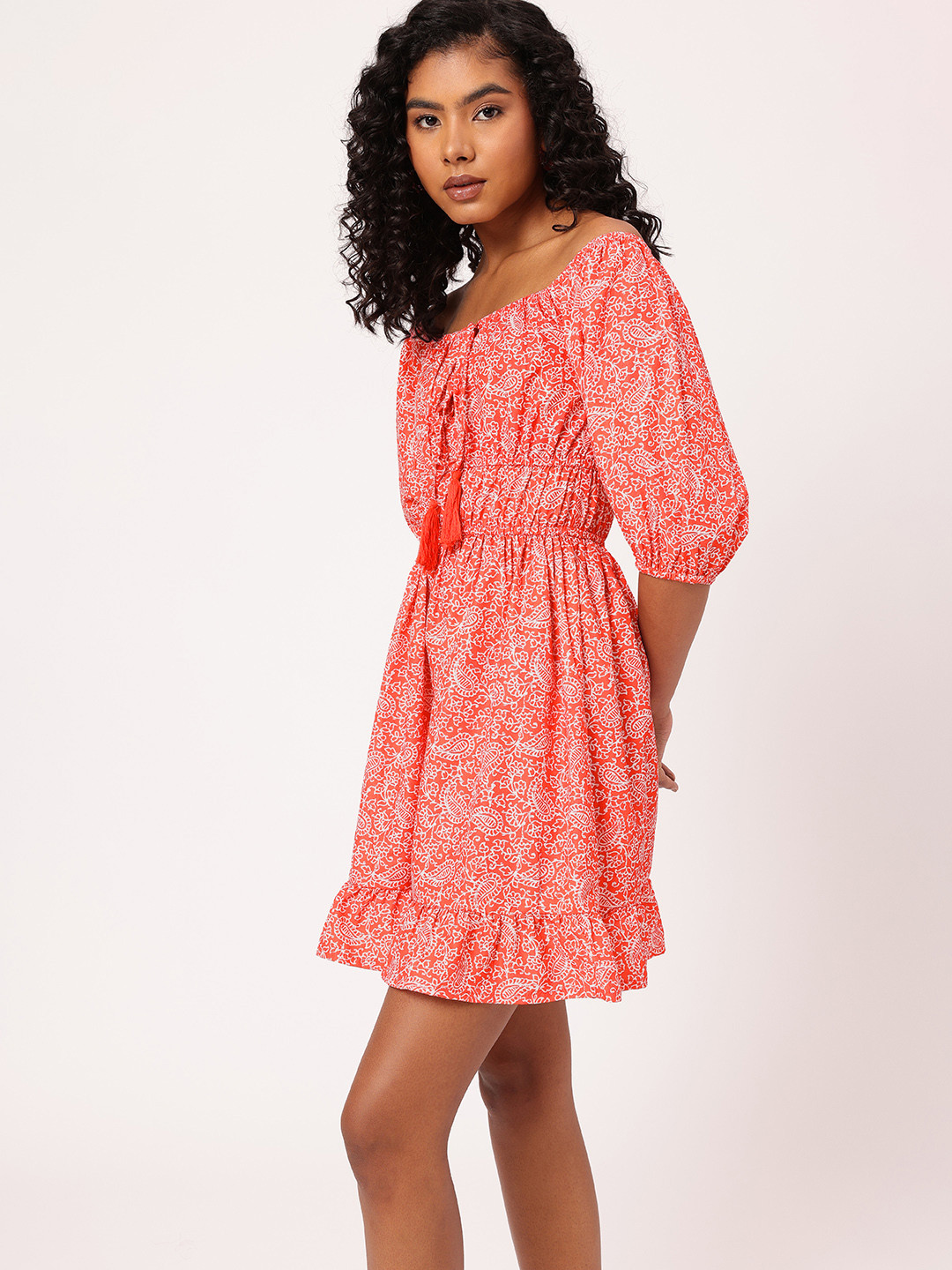 DressBerry Paisley Printed Cinched Waist Off-Shoulder A-line Mini Dress